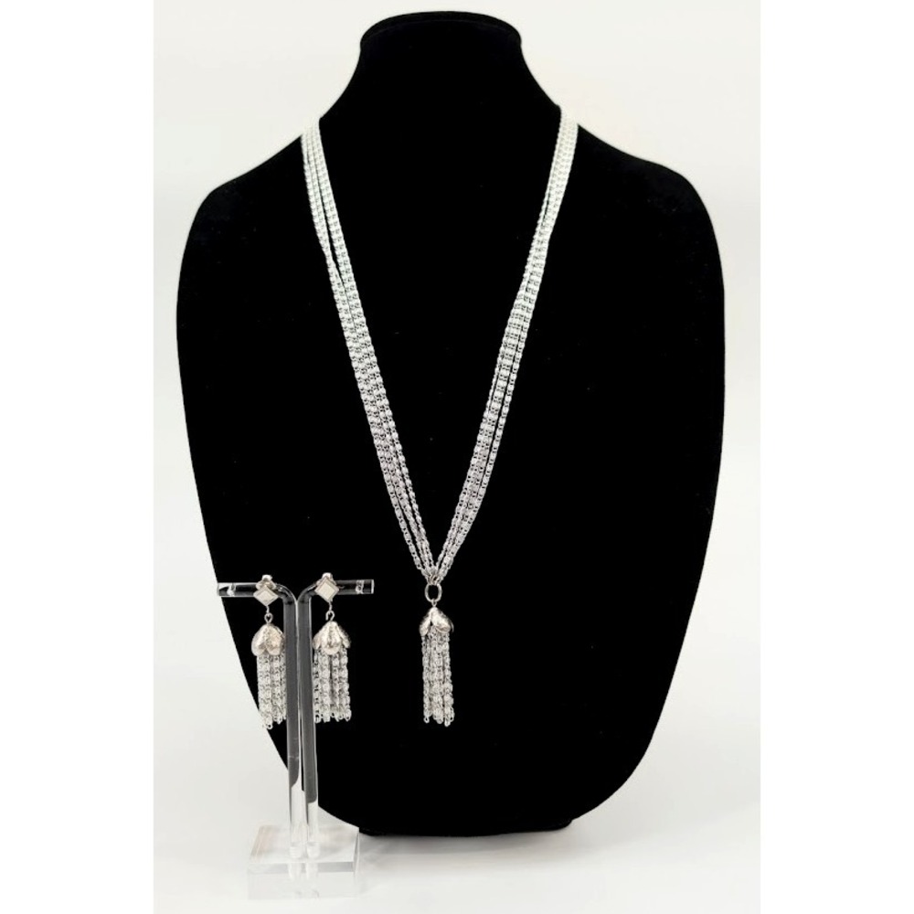 Sarah Coventry Tassel Necklace‎ Earrings Set Multi Strand Silver Tone Clip On